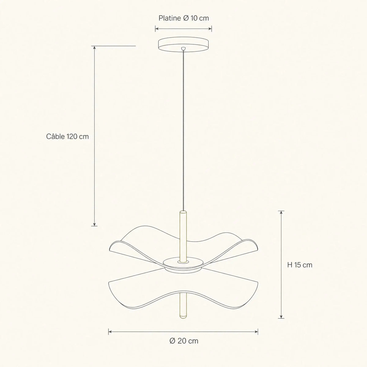 Schéma coté de la suspension fleur Ninfélis, abat-jour Ø 20 cm, hauteur 15 cm, platine Ø 10 cm, câble 120 cm