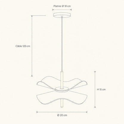 Schéma coté de la suspension fleur Ninfélis, abat-jour Ø 20 cm, hauteur 15 cm, platine Ø 10 cm, câble 120 cm