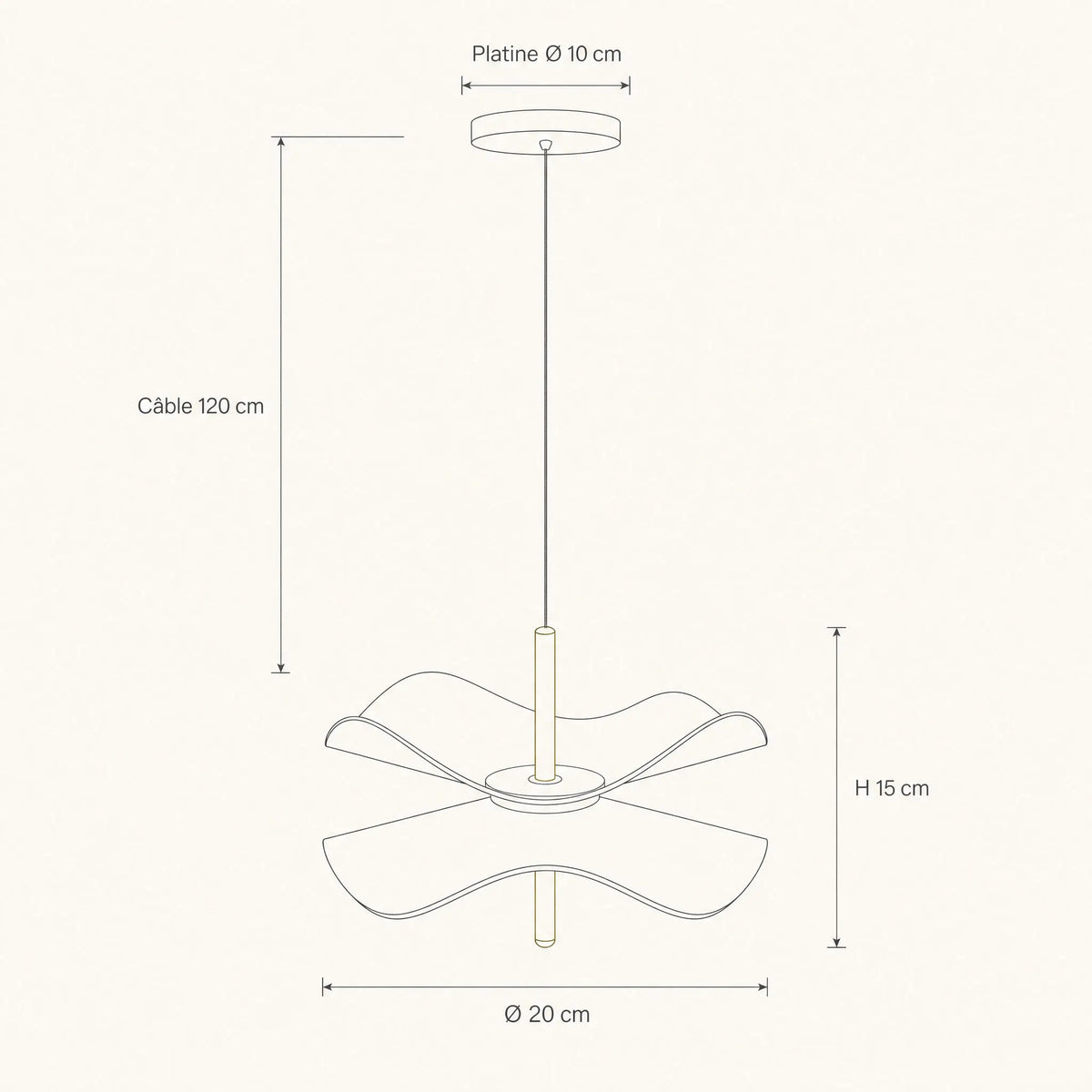 Schéma coté de la suspension fleur Ninfélis, abat-jour Ø 20 cm, hauteur 15 cm, platine Ø 10 cm, câble 120 cm | Delvanie