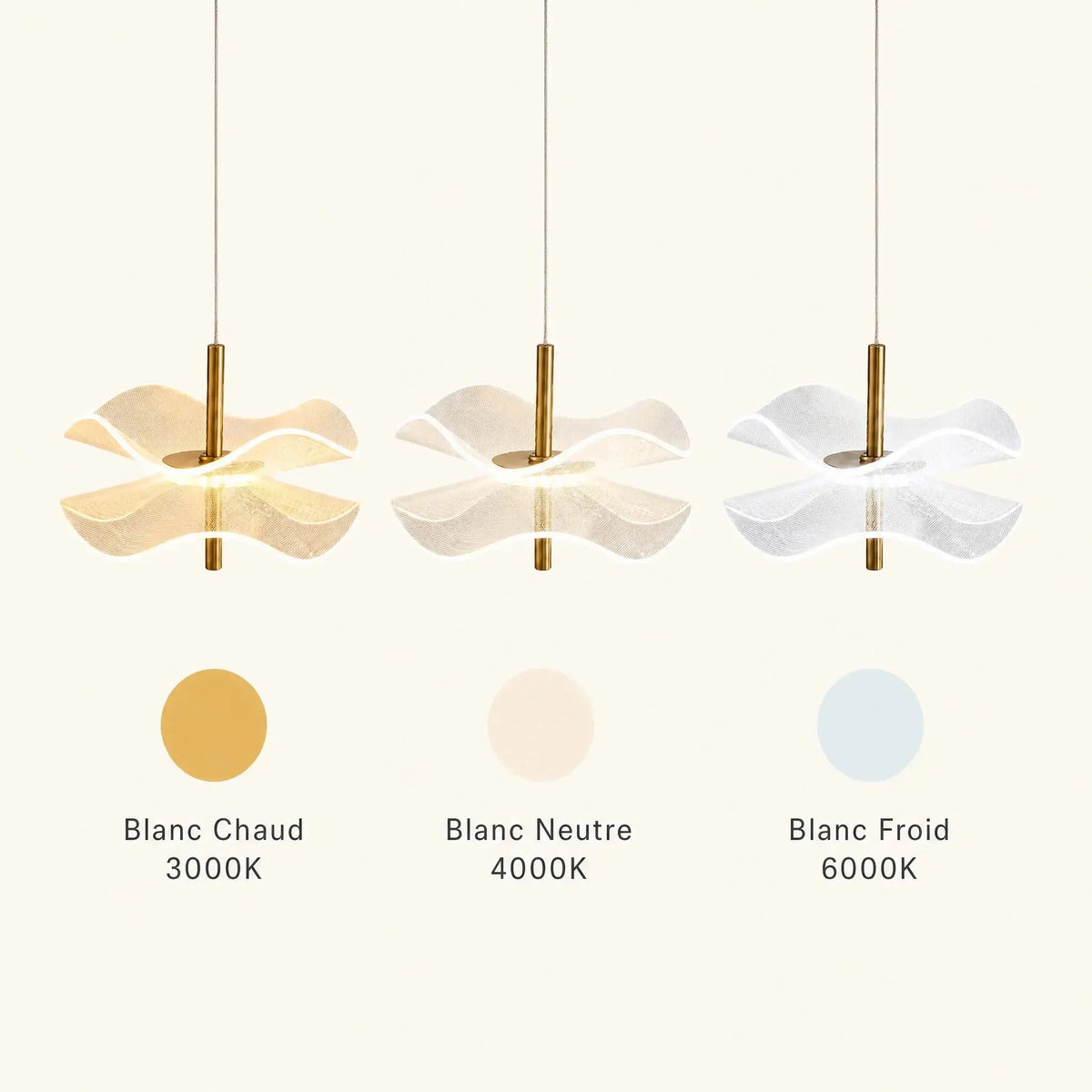 Les trois couleurs de lumière de la suspension fleur Ninfélis, blanc chaud 3000K, blanc neutre 4000K et blanc froid 6000K