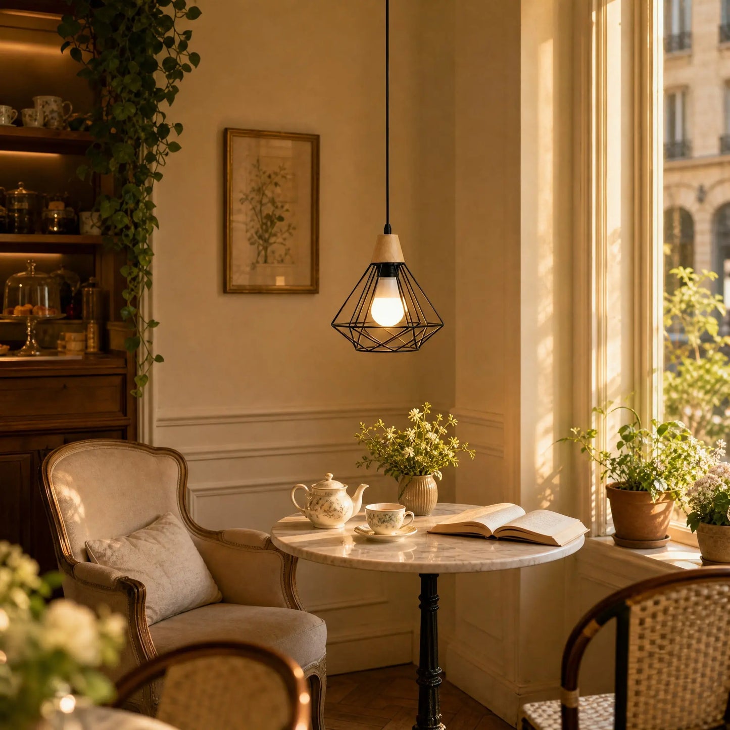 Suspension cage diamant 1 tête allumée dans un salon de thé cosy à l heure dorée | Delvanie