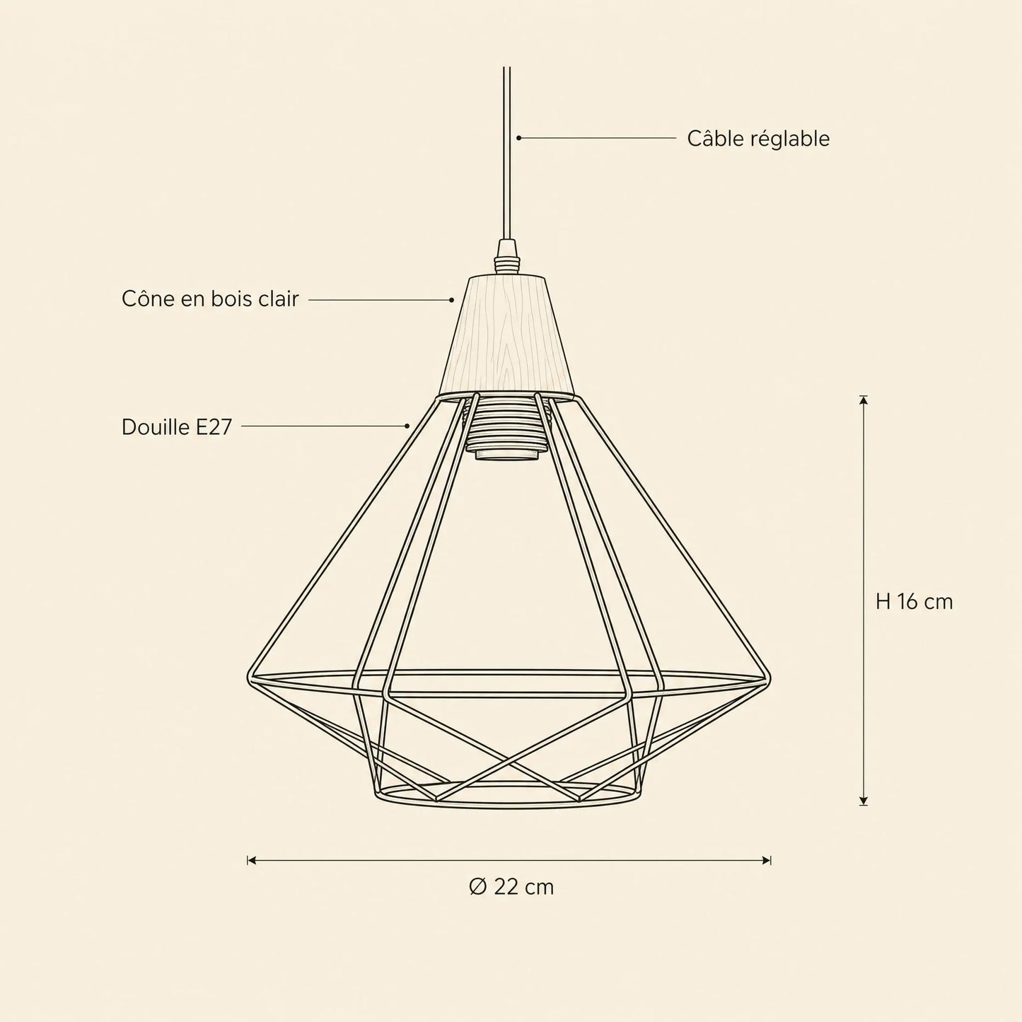 Dimensions de la suspension Sorenya : cage Ø 22 cm et H 16 cm, douille E27 | Delvanie