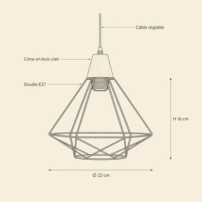 Dimensions de la suspension Sorenya : cage Ø 22 cm et H 16 cm, douille E27 | Delvanie