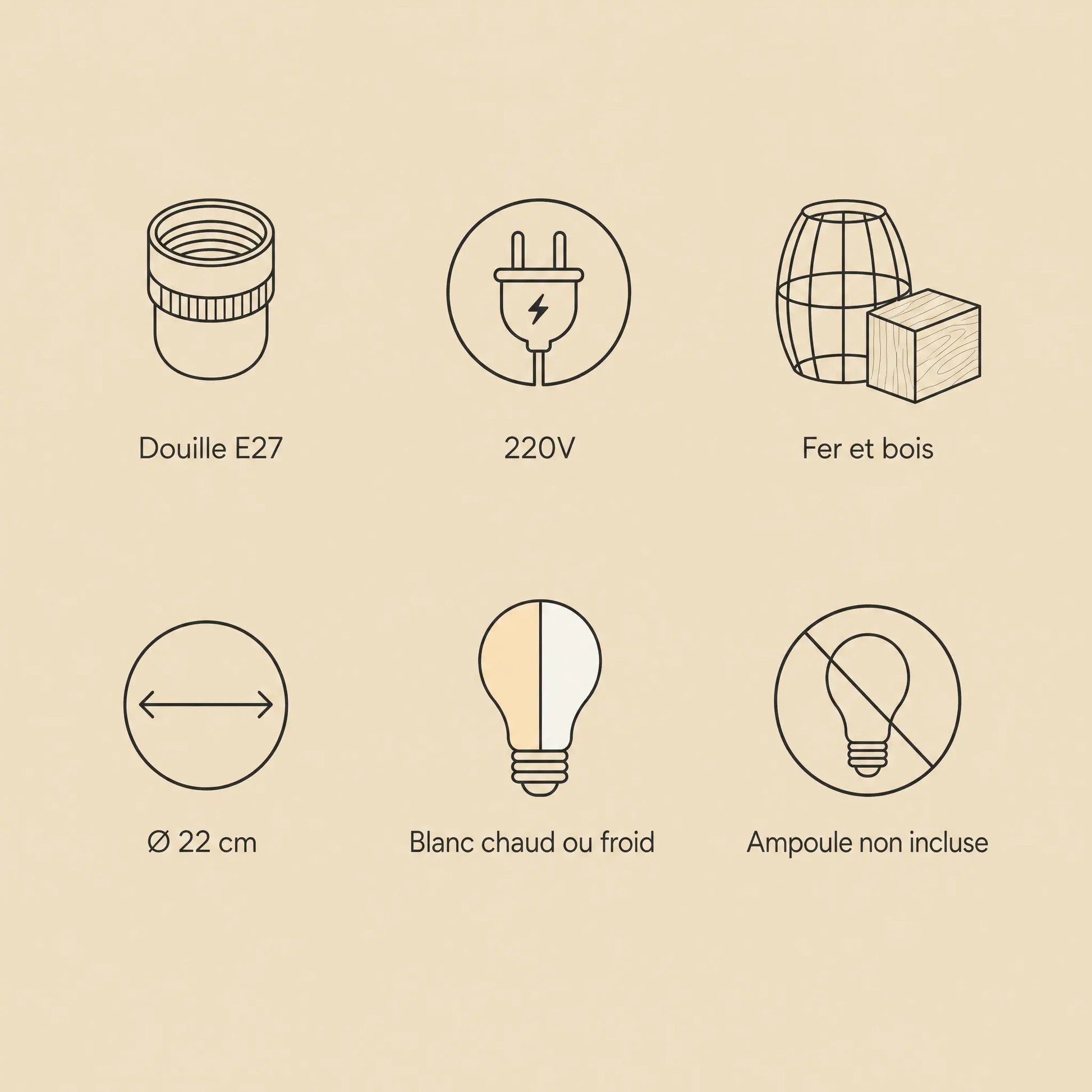 Caractéristiques de la suspension Sorenya : douille E27, 220V, fer et bois, ampoule non incluse | Delvanie