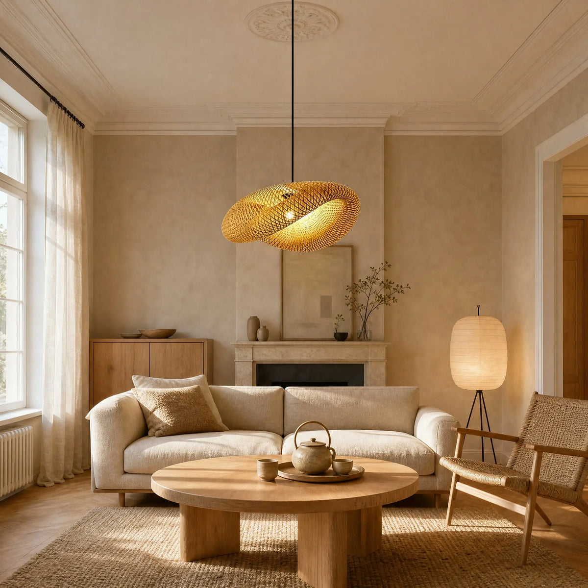 Suspension Nayori en bambou tressé dans un salon lumineux, au-dessus d'un canapé beige et d'une table basse