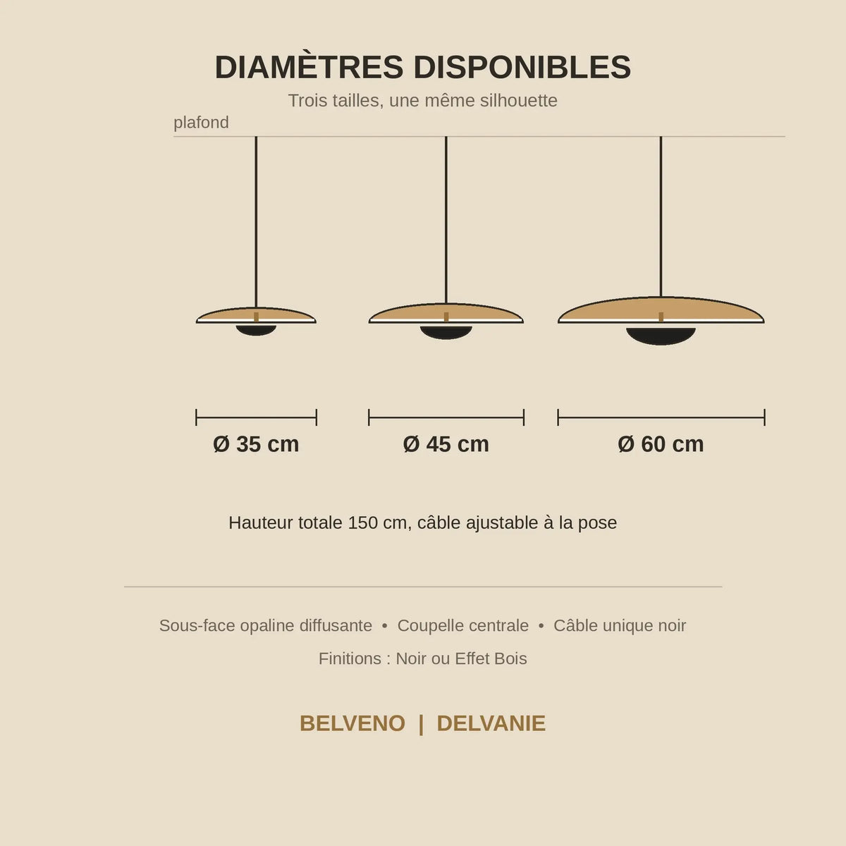 Schéma coté de la suspension, diamètres 35, 45 et 60 cm, hauteur totale 150 cm