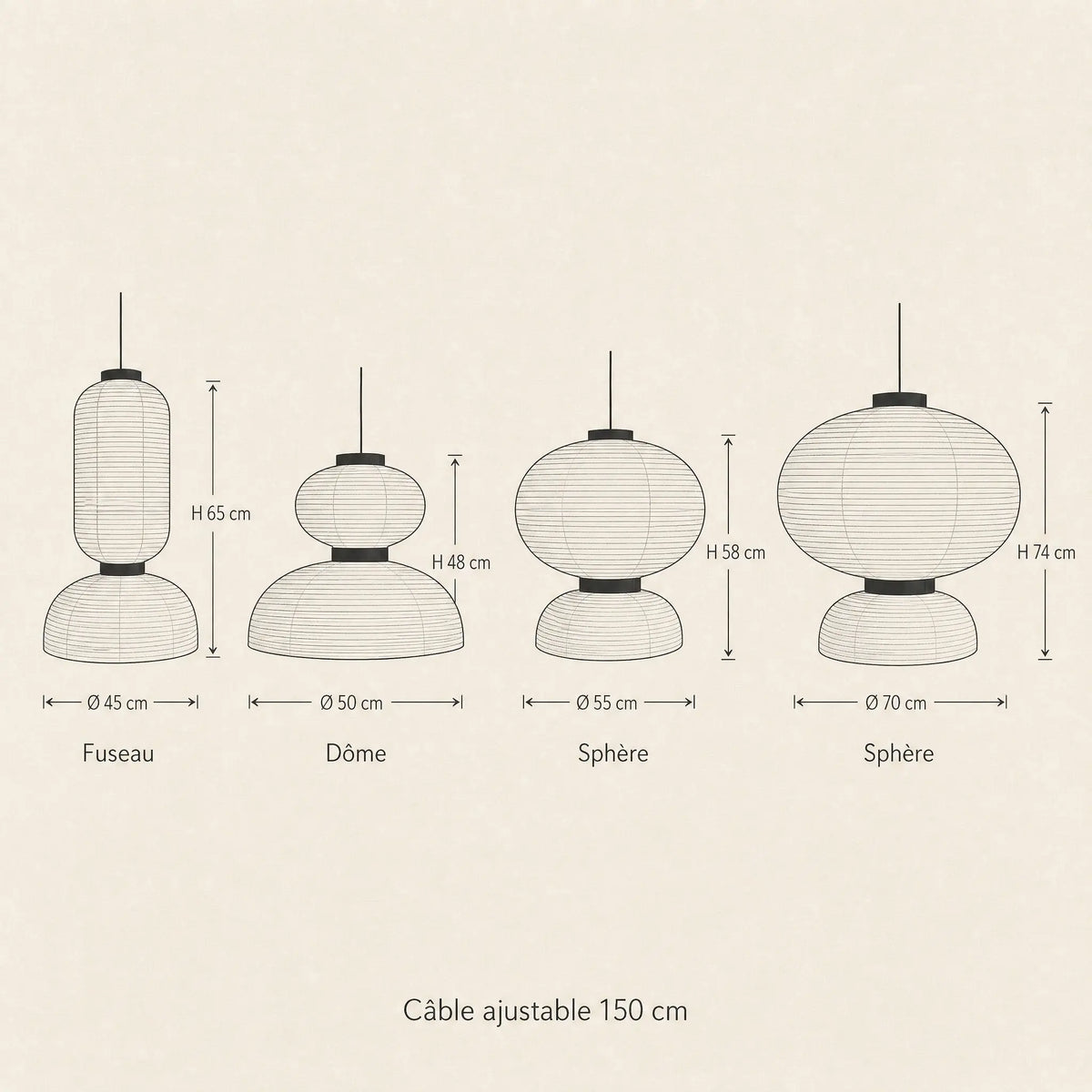 Schéma coté des quatre silhouettes de la suspension papier de riz Karumiya | Delvanie