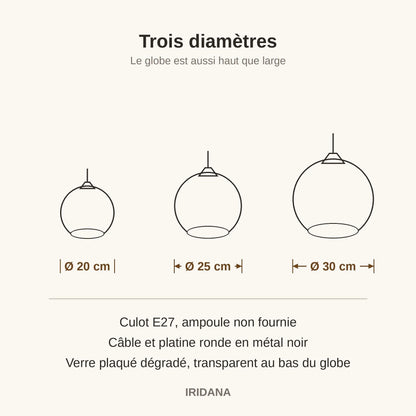 Schéma coté de la suspension Iridana, globes de Ø 20, Ø 25 et Ø 30 cm