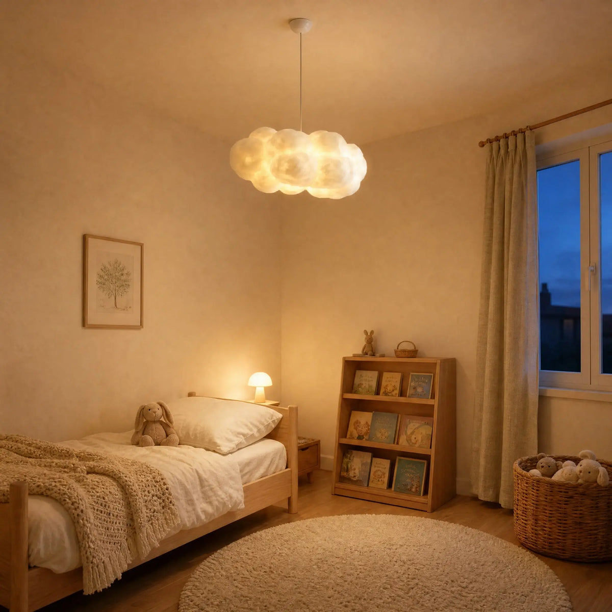 Suspension Nébyla en nuage de coton allumée dans une chambre d'enfant, près d'un lit en bois