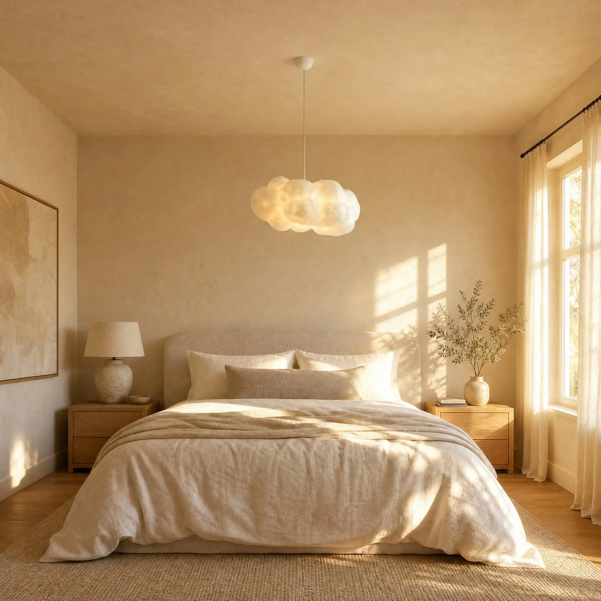Suspension Nébyla en nuage de coton dans une chambre adulte baignée de soleil, au-dessus du lit