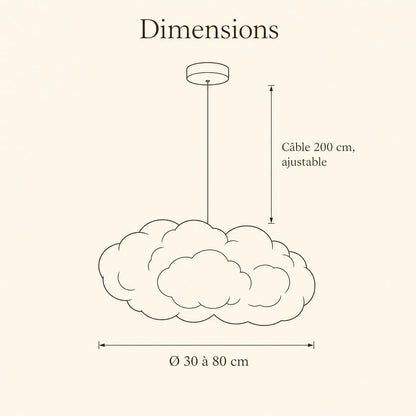 Schéma coté de la suspension Nébyla, diamètre de 30 à 80 cm et câble ajustable de 200 cm