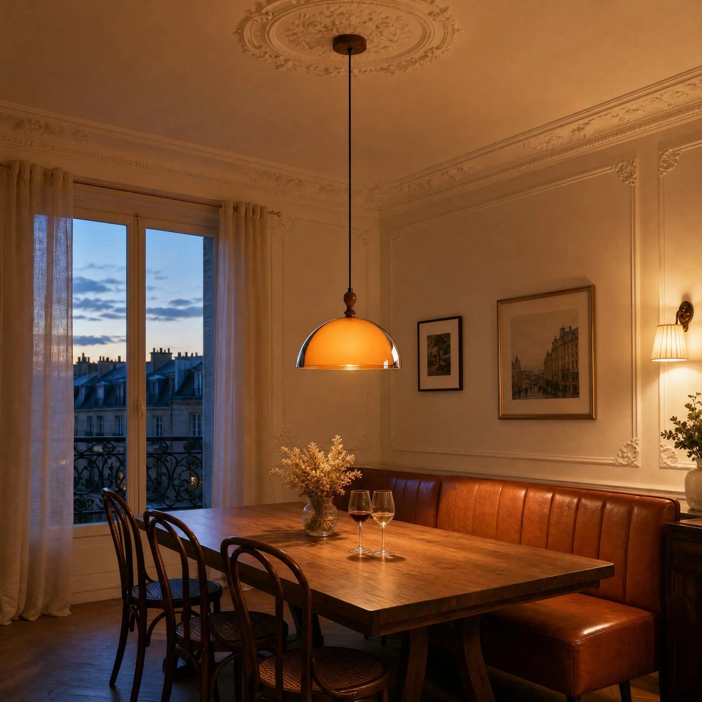 Suspension Talvéa allumée au-dessus d'une table de bistrot parisien au crépuscule | Delvanie