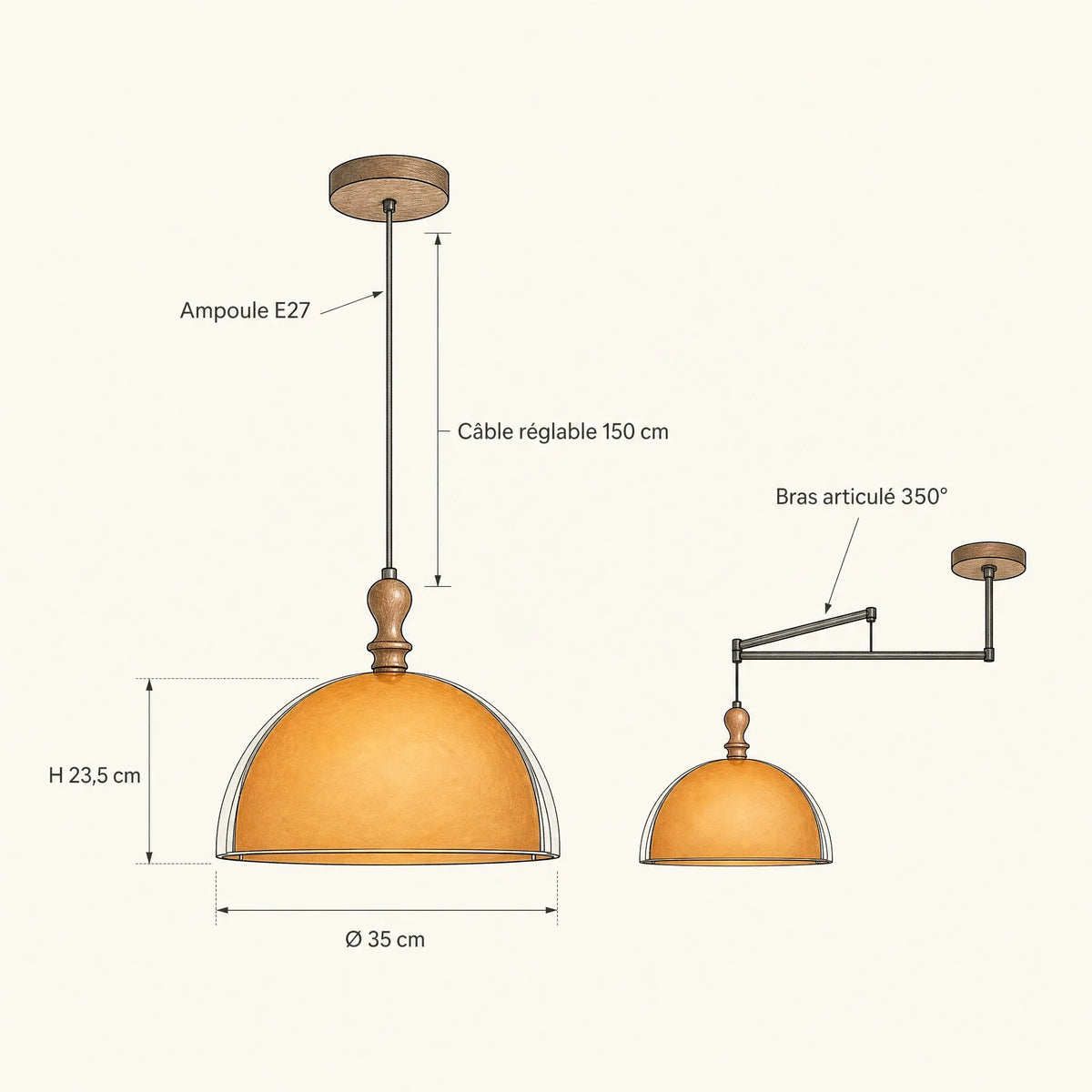 Schéma coté de la suspension Talvéa, dôme Ø 35 cm, hauteur 23,5 cm, câble 150 cm | Delvanie