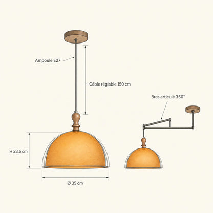 Schéma coté de la suspension Talvéa, dôme Ø 35 cm, hauteur 23,5 cm, câble 150 cm | Delvanie