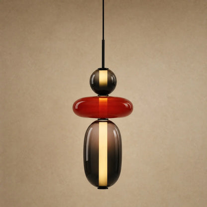 Suspension verre coloré Zuccara, trois perles noir, rouge et fumé, packshot