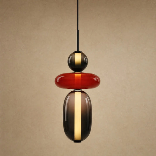 Suspension verre coloré Zuccara, trois perles noir, rouge et fumé, packshot | Delvanie