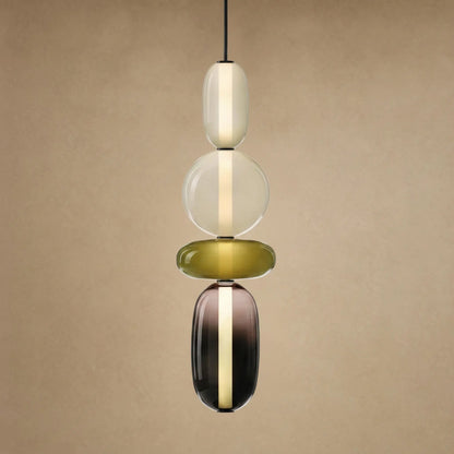 Suspension verre coloré Zuccara, quatre perles crème, olive et fumé, hauteur 59 cm