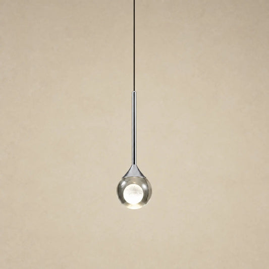 Suspension en verre fumé Cendrys, finition chrome poli, boule de 10 cm à cœur de lune givré | Delvanie