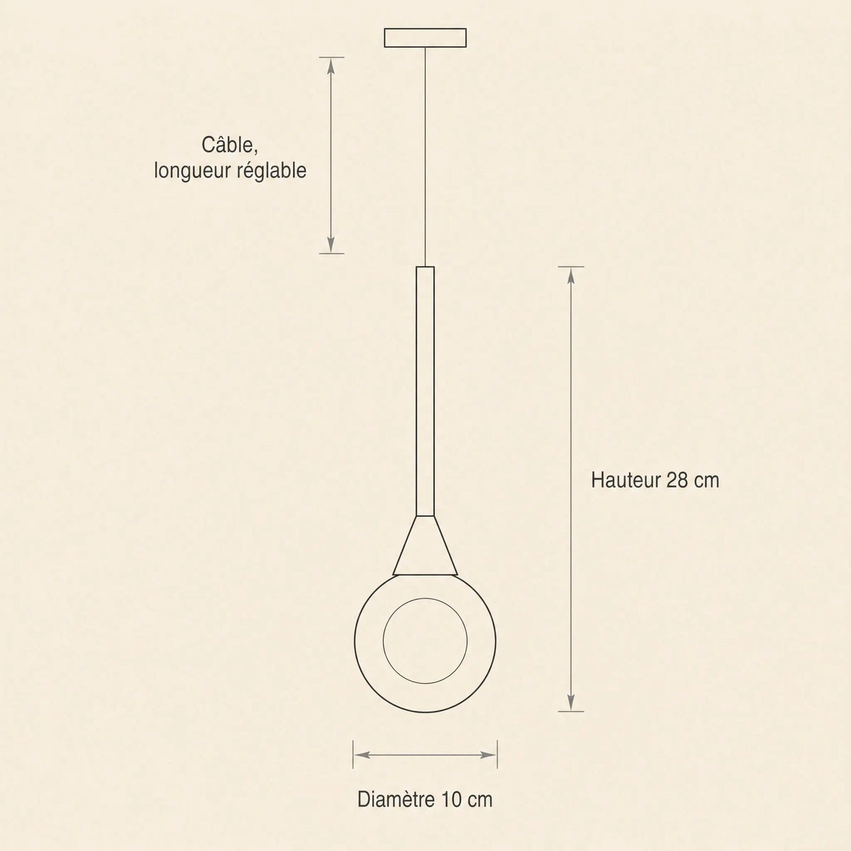 Schéma coté de la suspension Cendrys, boule de 10 cm de diamètre, hauteur 28 cm, câble réglable