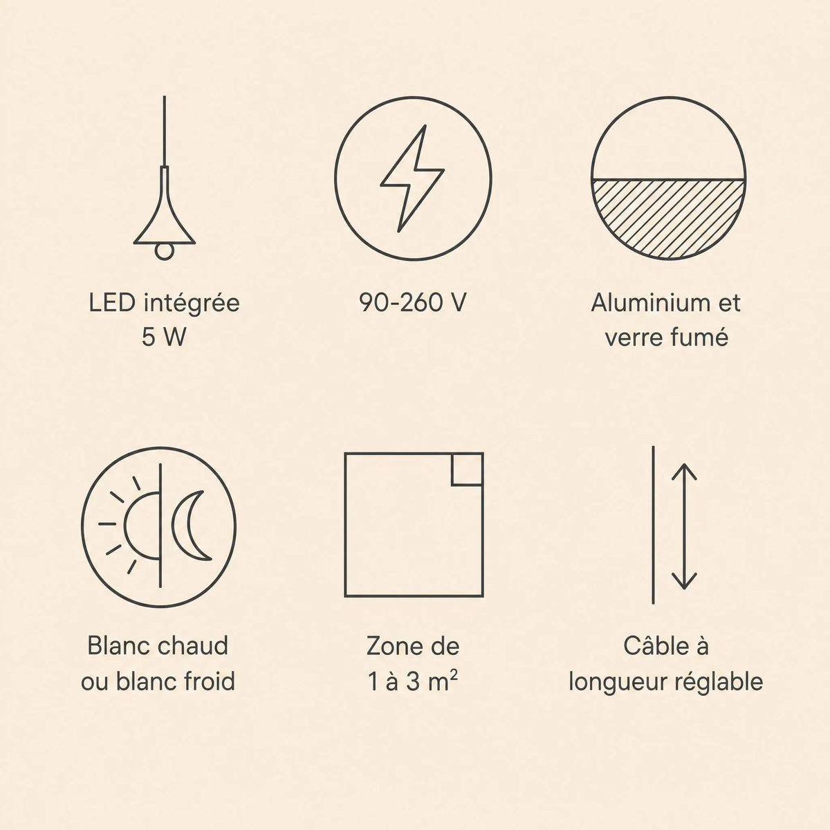 Caractéristiques de la suspension Cendrys, LED intégrée 5 W, 90-260 V, aluminium et verre fumé