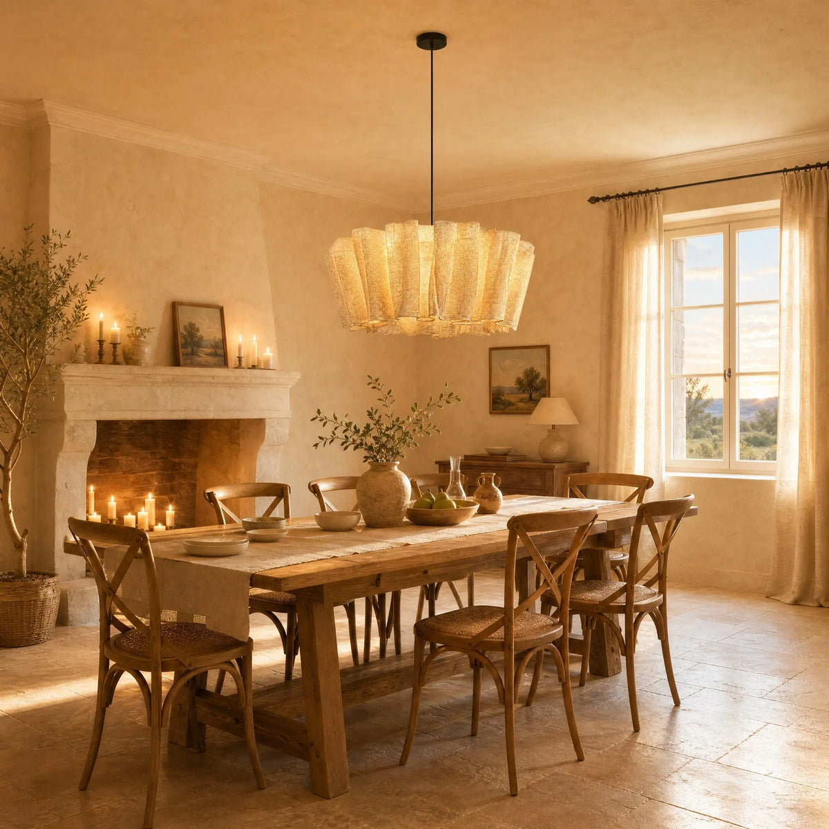 Suspension en tissu Rinaya Ø 80 cm allumée au-dessus d'une table de ferme, salle à manger à cheminée