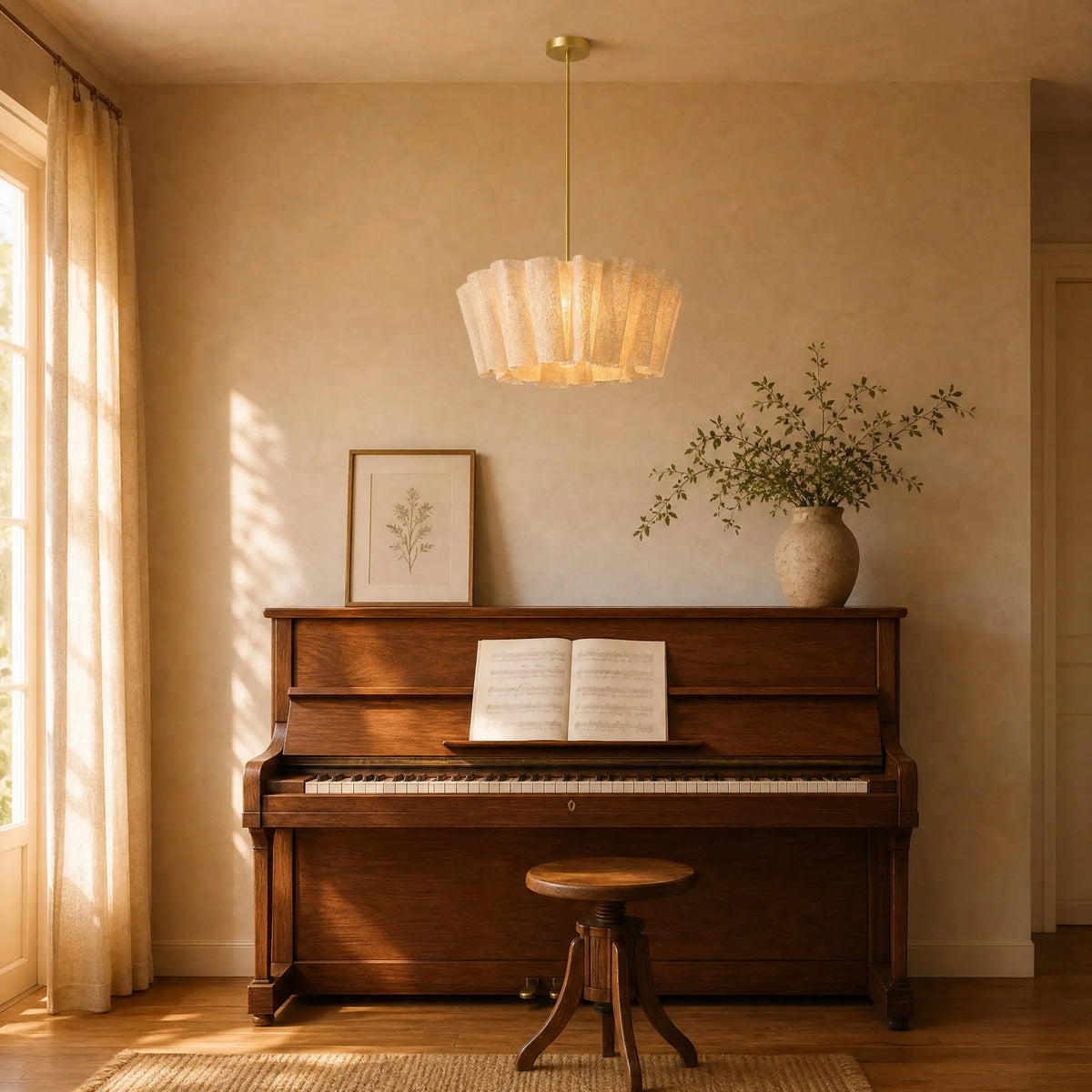 Suspension Rinaya sur tige dorée Ø 50 cm allumée au-dessus d'un piano droit