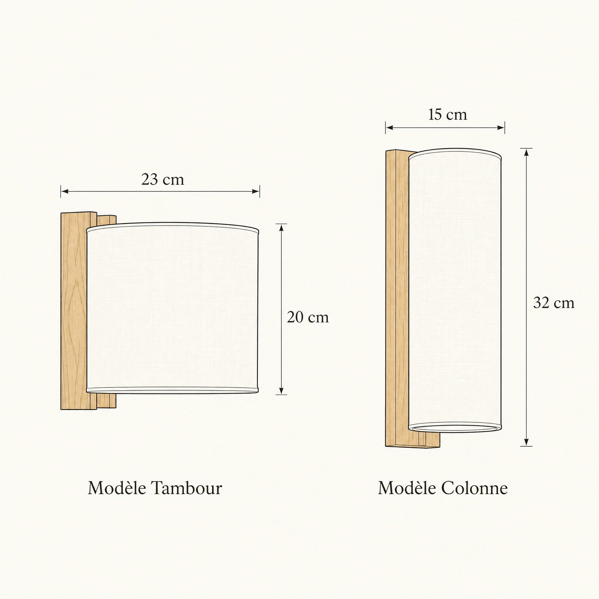 Dimensions des appliques murales bois Tambour 23x20 cm et Colonne 15x32 cm | Delvanie