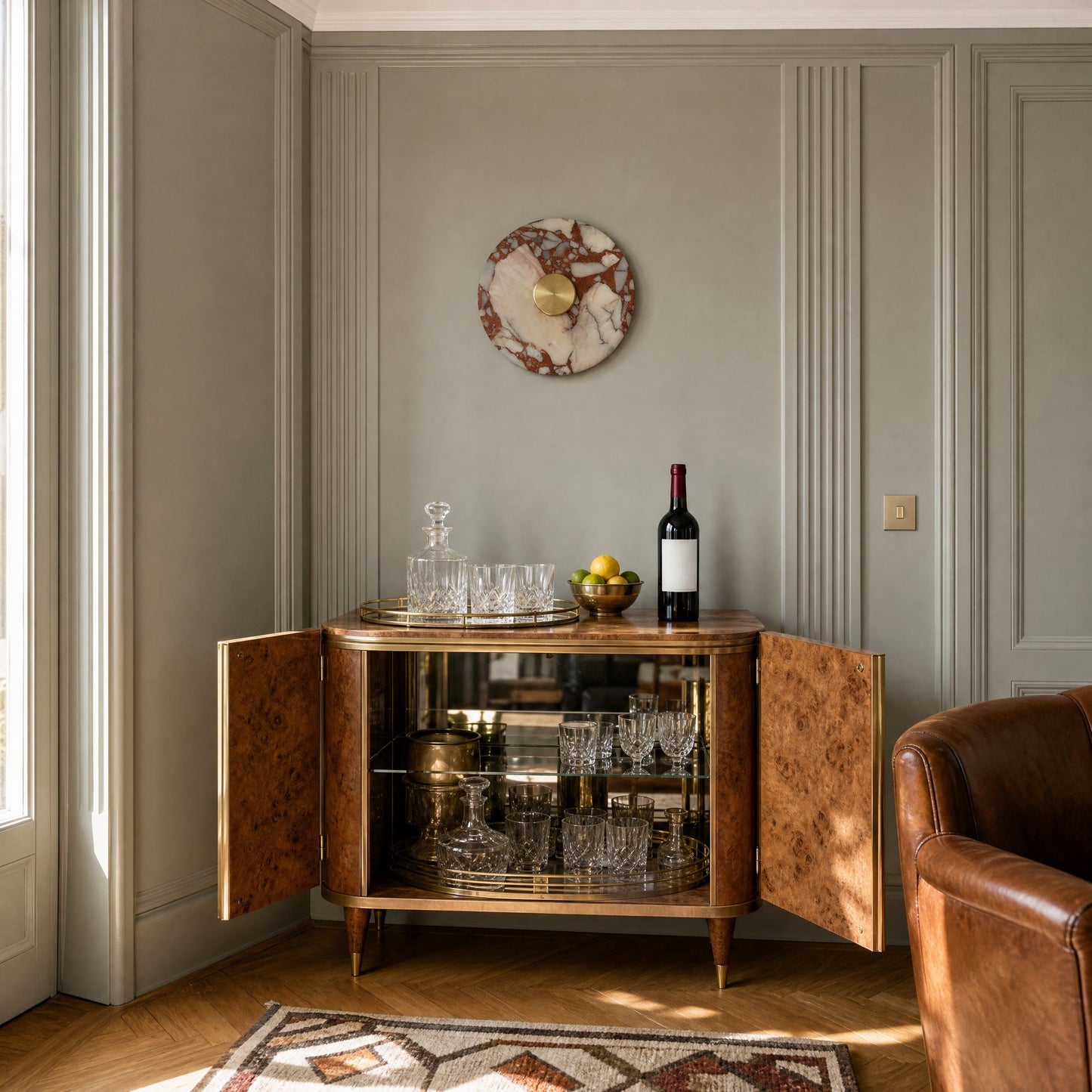 Applique murale Art déco Kivara en pierre veinée ambrée au-dessus d'un cabinet à liqueurs Art déco | Delvanie