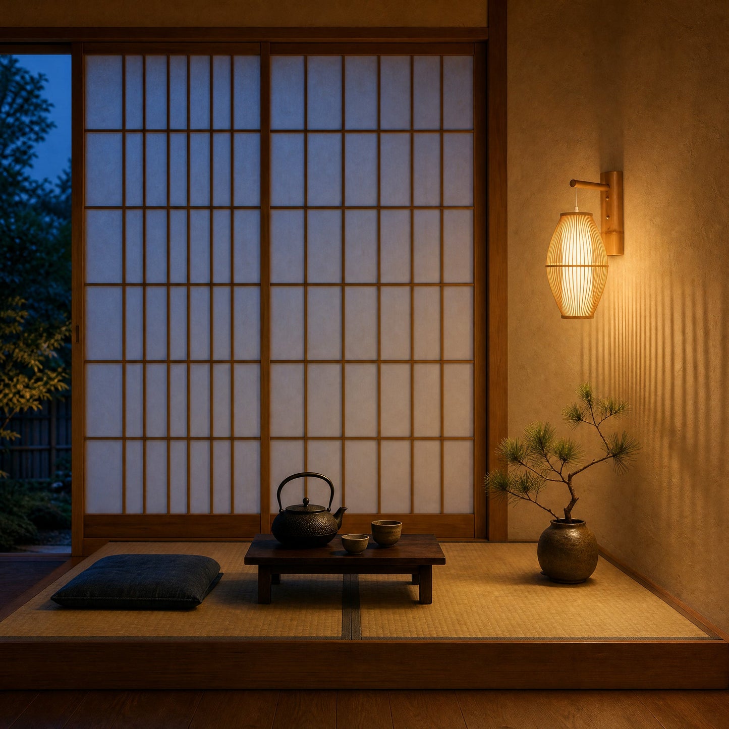 Applique murale naturelle Isaruka allumée dans un coin thé sur tatami au crépuscule | Delvanie