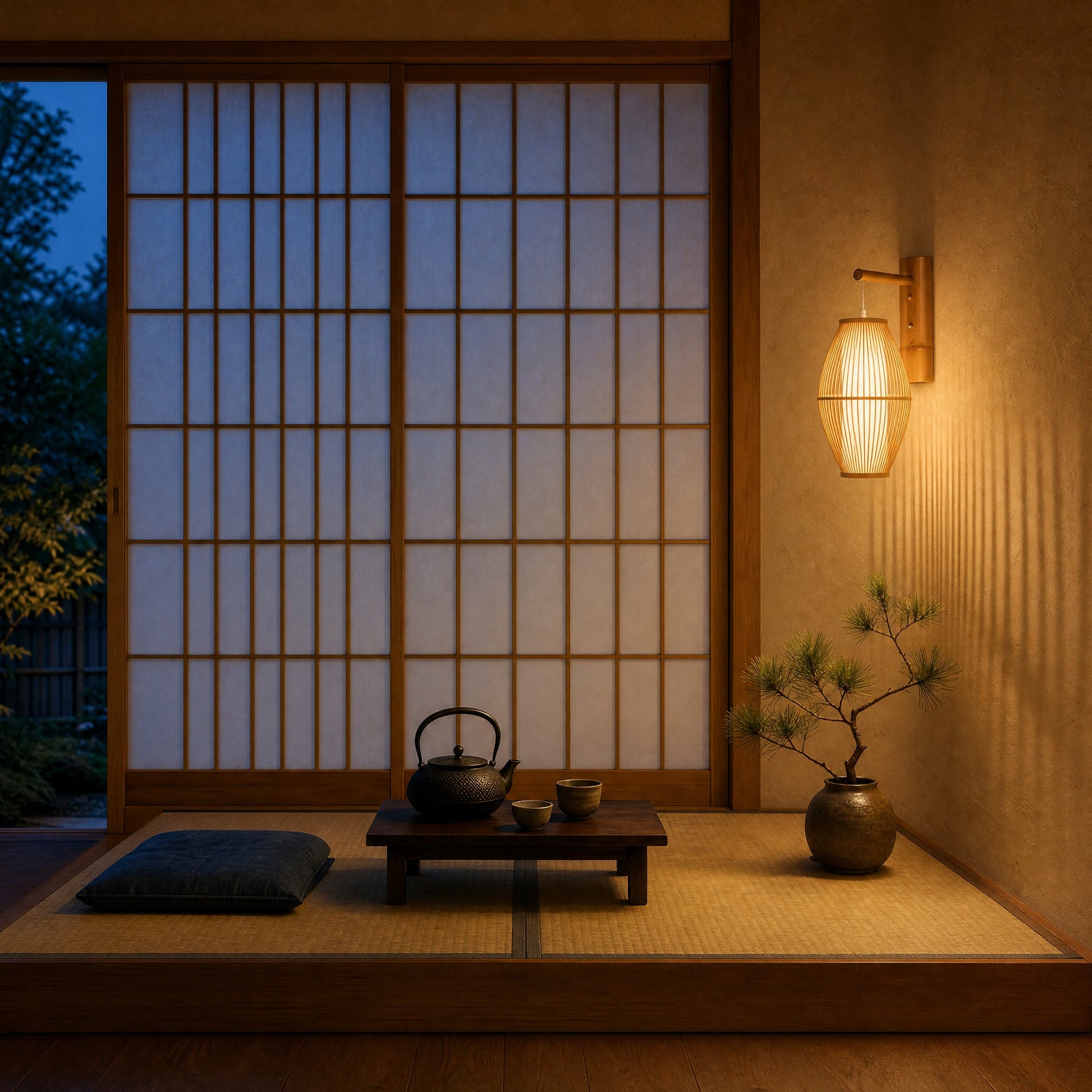 Applique murale naturelle Isaruka allumée dans un coin thé sur tatami au crépuscule | Delvanie
