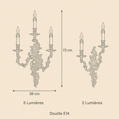 Schéma coté de l'applique murale dorée, modèle 3 lumières 36 x 72 cm et modèle 2 lumières, douille E14 | Delvanie