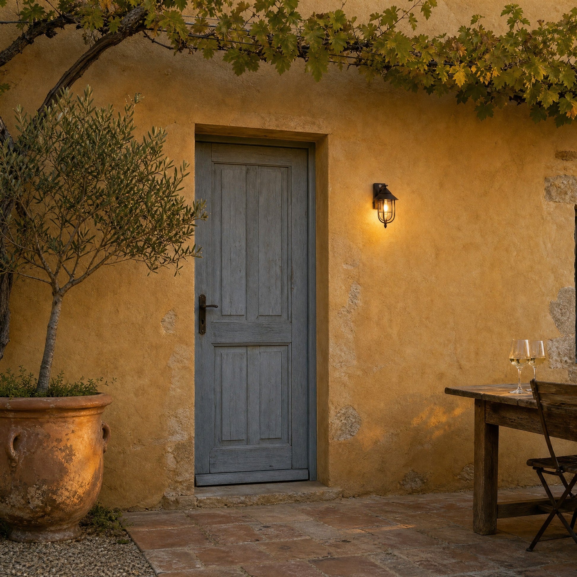 Applique murale extérieure étanche en bronze vieilli sur un mur ocre de mas provençal | Delvanie