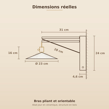Schéma coté de l'applique murale, abat-jour 23 cm, bras 31 cm, platine murale 24 cm | Delvanie