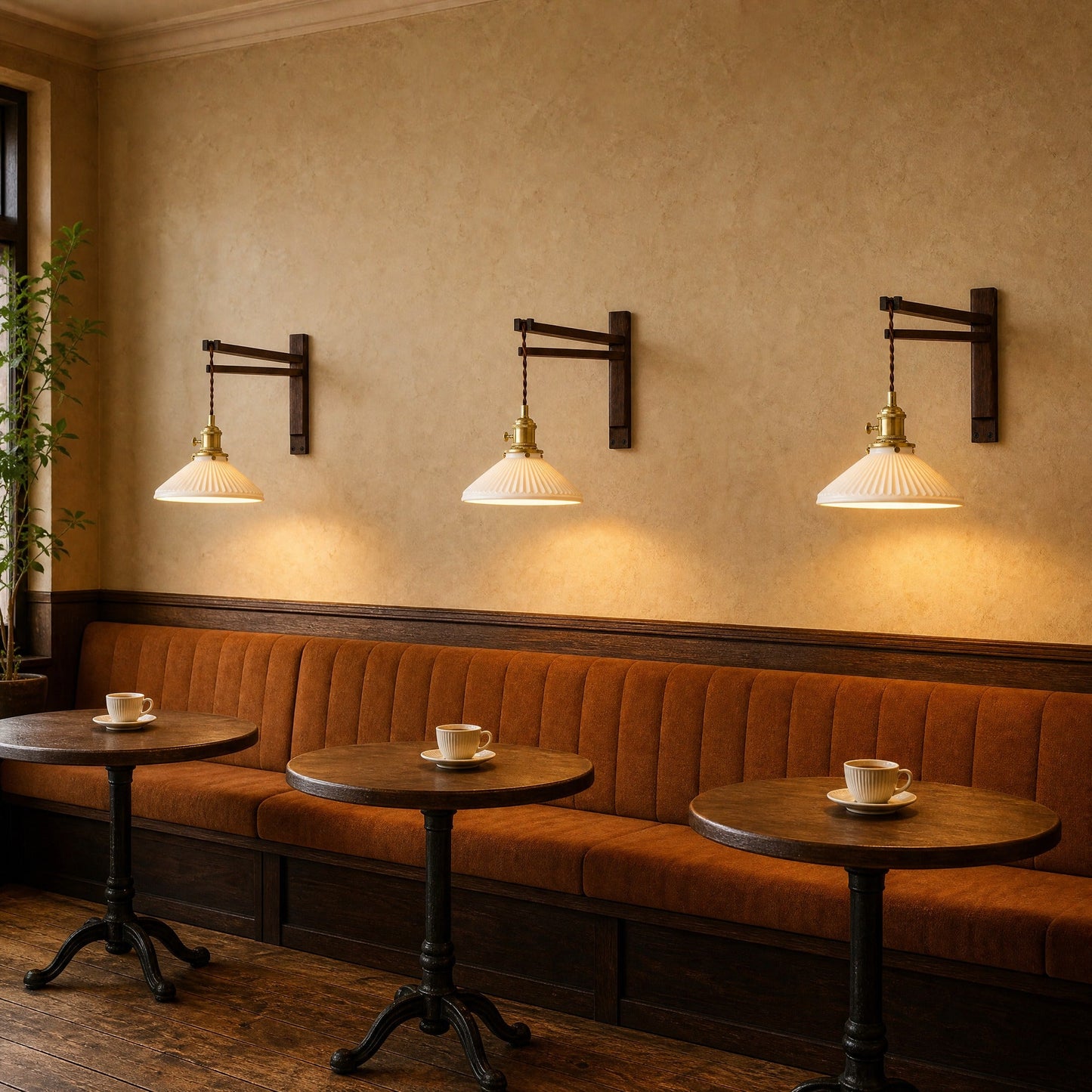 Trois appliques murales alignées et allumées au-dessus d'une banquette de salon de thé | Delvanie