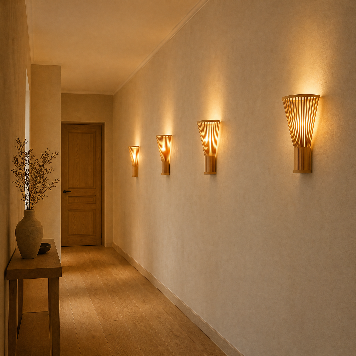 Enfilade d'appliques murales japonaises Kazéya allumées dans un couloir | Delvanie