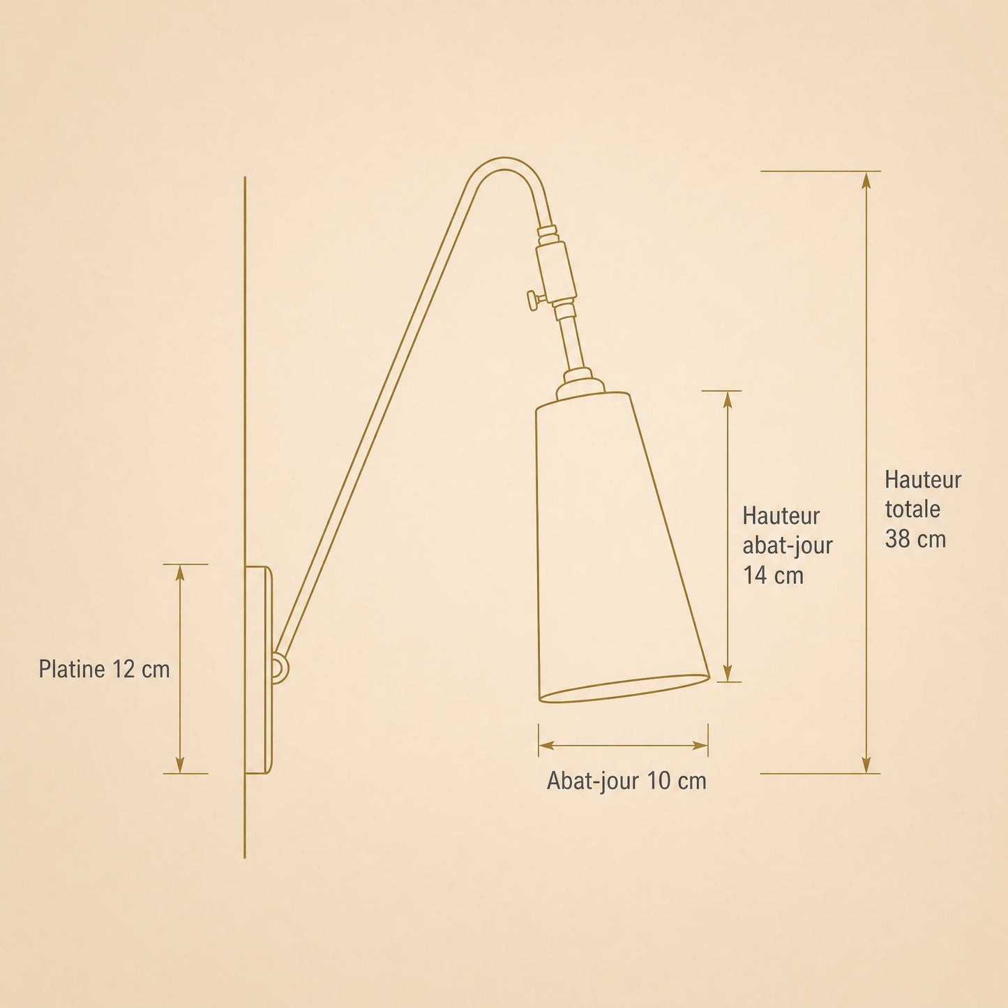Schéma coté de l'applique murale laiton Ottavine, platine 12 cm et hauteur totale 38 cm | Delvanie
