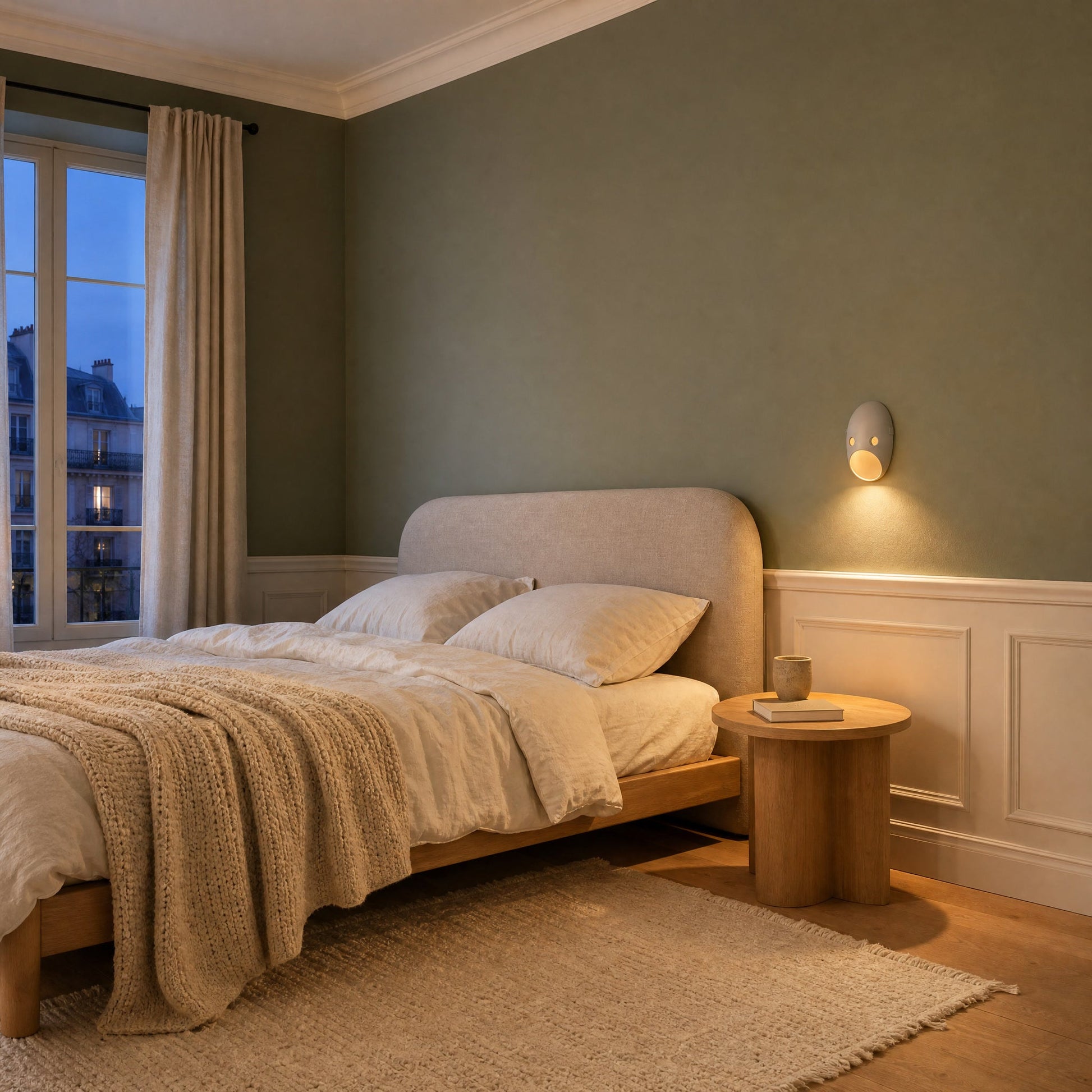 Applique murale originale allumée au-dessus d'un chevet dans une chambre vert sauge | Delvanie