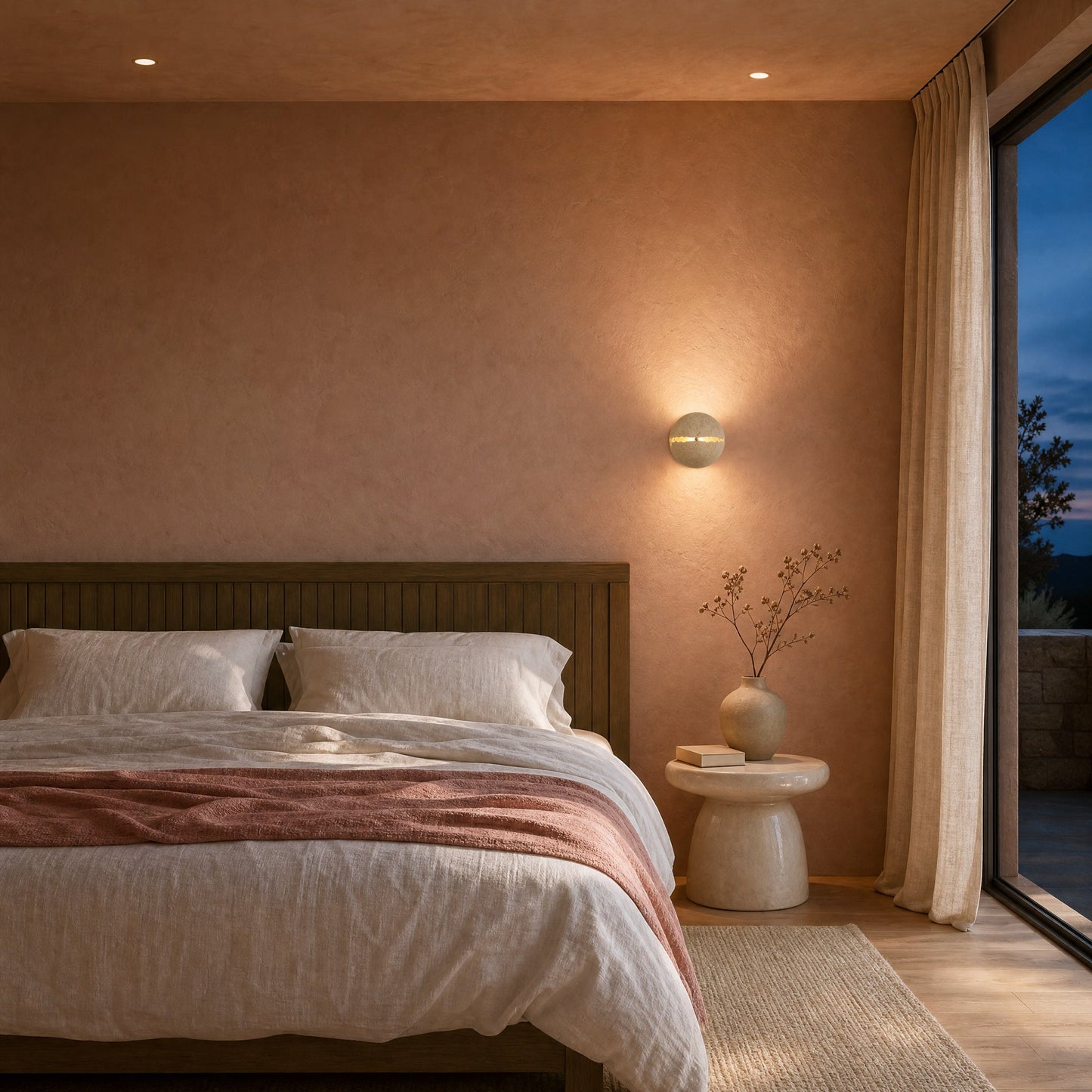 Applique murale en travertin allumée au-dessus d'un chevet, chambre aux murs terracotta à la tombée du jour | Delvanie