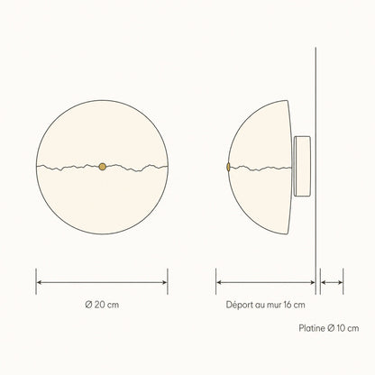 Schéma coté de l'applique murale en pierre : Ø 20 cm, déport au mur 16 cm, platine Ø 10 cm | Delvanie