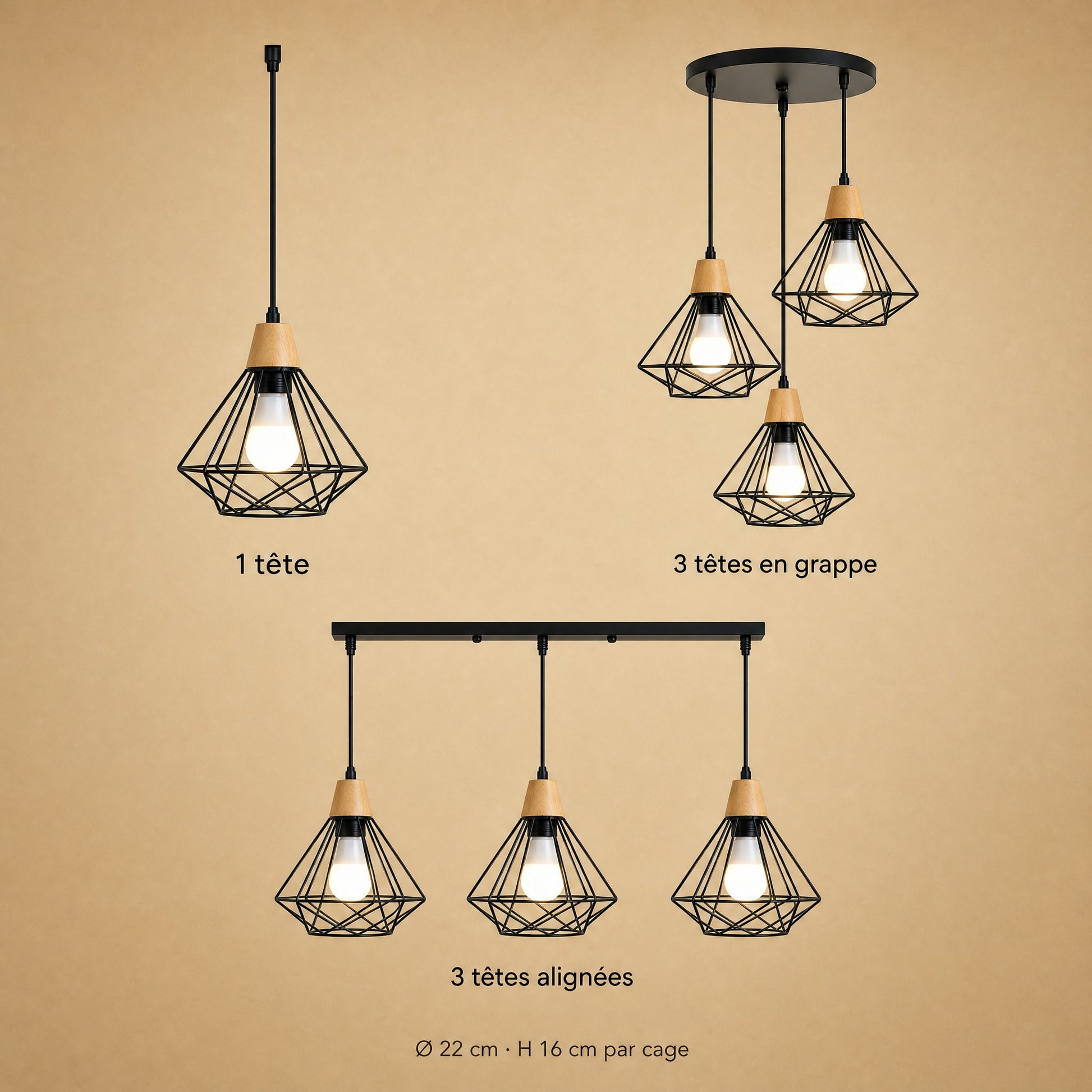 Les trois configurations de la suspension Sorenya : 1 tête, 3 têtes alignées, 3 têtes en grappe | Delvanie
