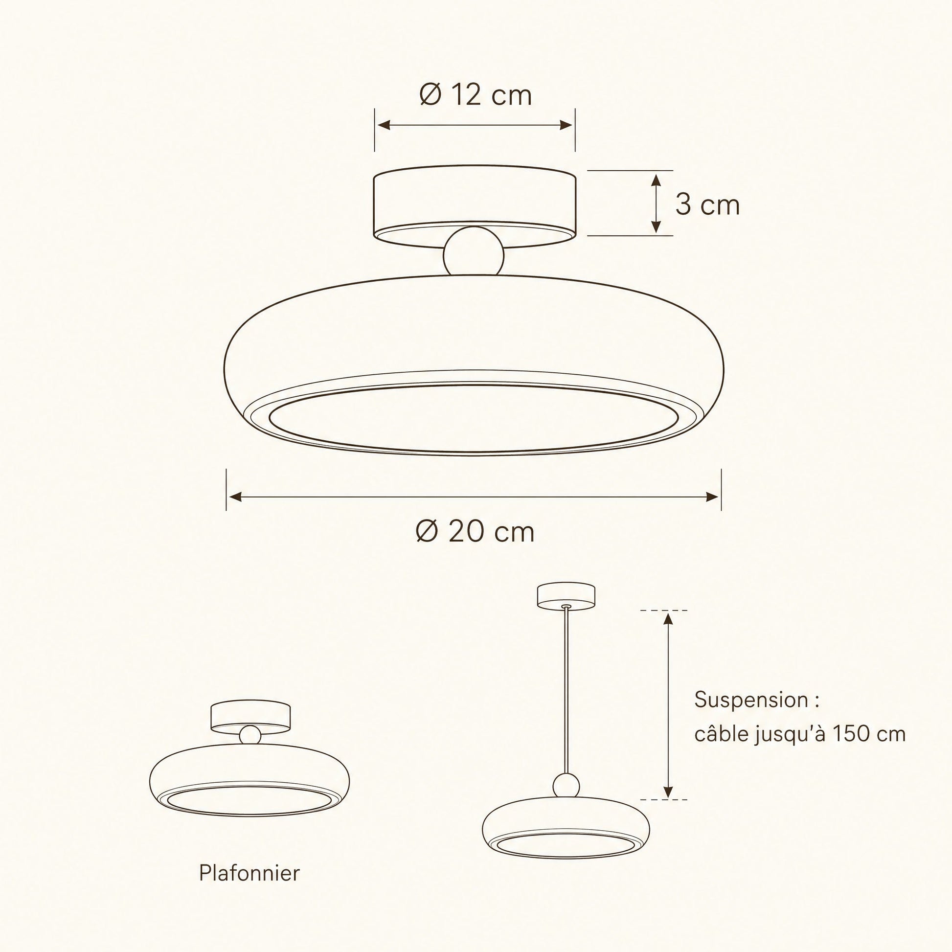 Dimensions du plafonnier Prismya, Ø 20 cm, plafonnier ou suspension | Delvanie