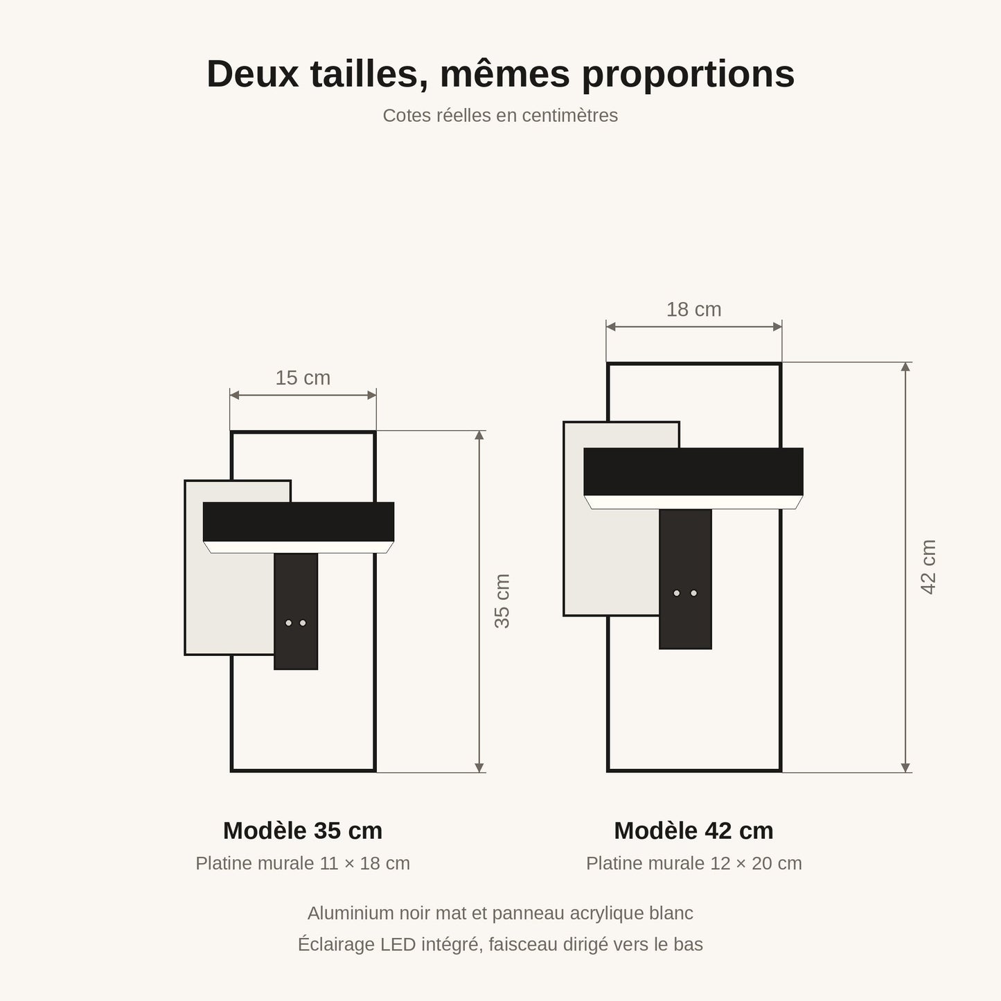 Schéma coté de l'éclairage extérieur mural Fialdo, modèles 35 cm et 42 cm | Delvanie