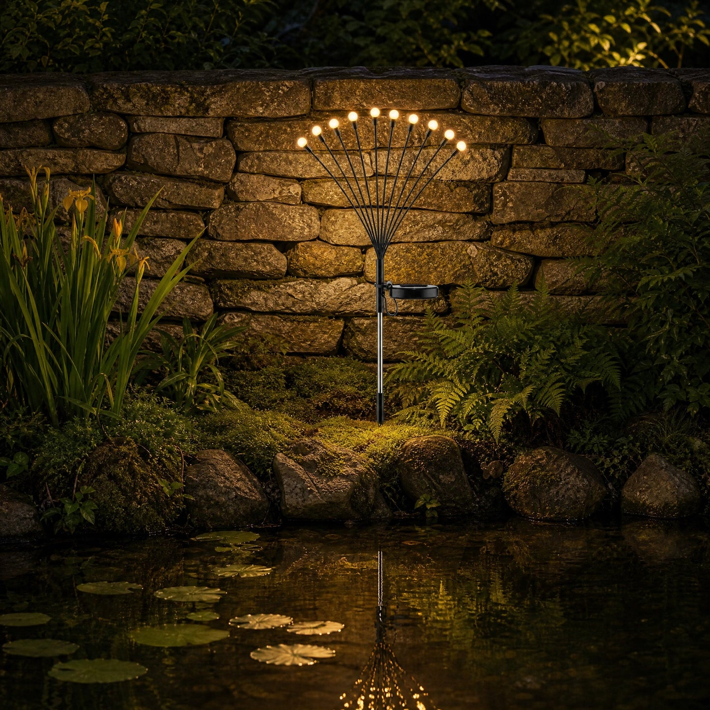 Lucioles solaires allumees au bord d un bassin de jardin, reflets dores sur l eau la nuit | Delvanie