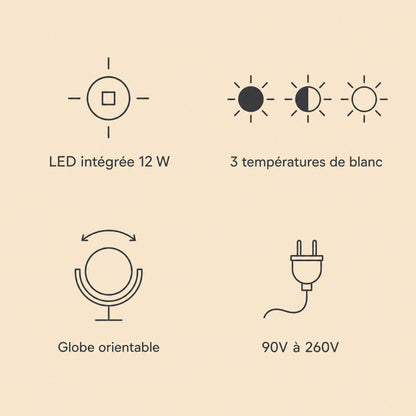 Caractéristiques de la suspension Eravia, LED intégrée 12 W, 3 températures de blanc, globe orientable, 90V à 260V | Delvanie