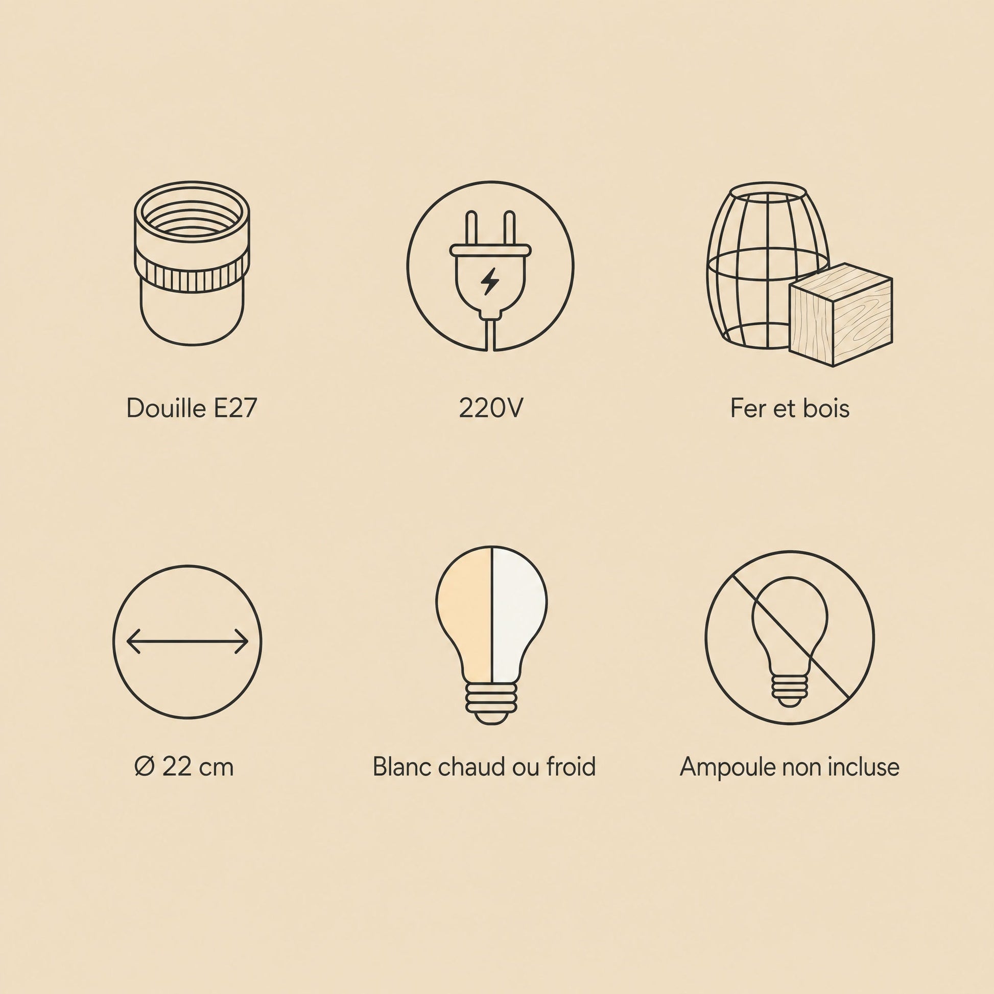 Caractéristiques de la suspension Sorenya : douille E27, 220V, fer et bois, ampoule non incluse | Delvanie