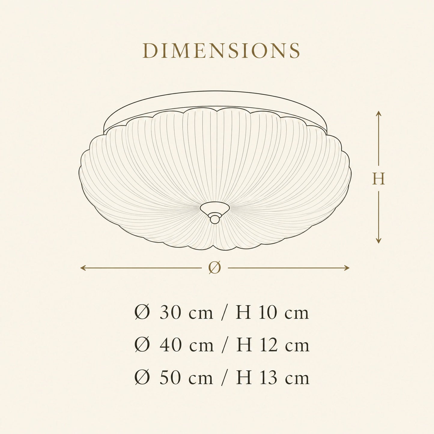 Schéma des dimensions du plafonnier Kryséa : Ø 30, 40 et 50 cm | Delvanie
