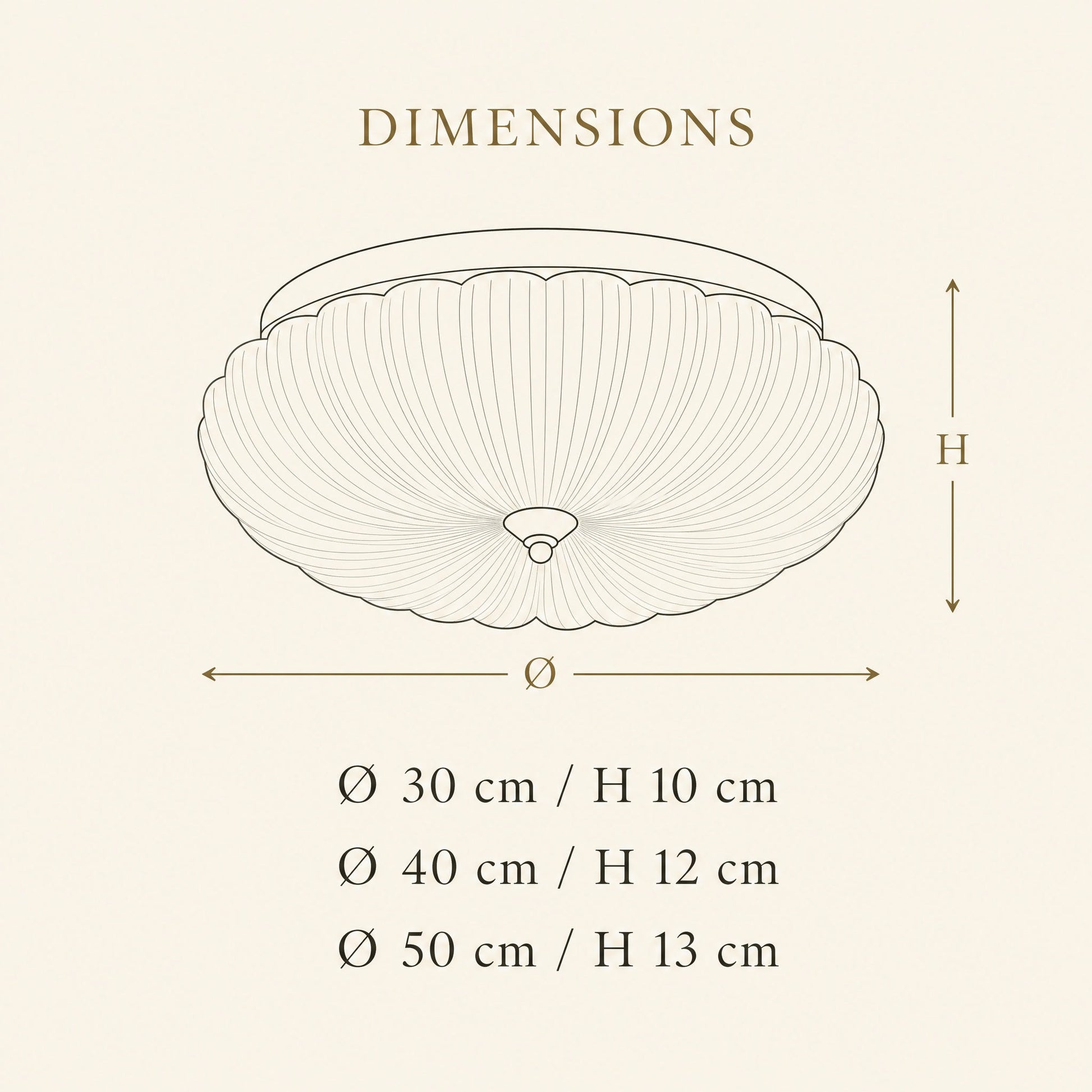 Schéma des dimensions du plafonnier Kryséa : Ø 30, 40 et 50 cm | Delvanie