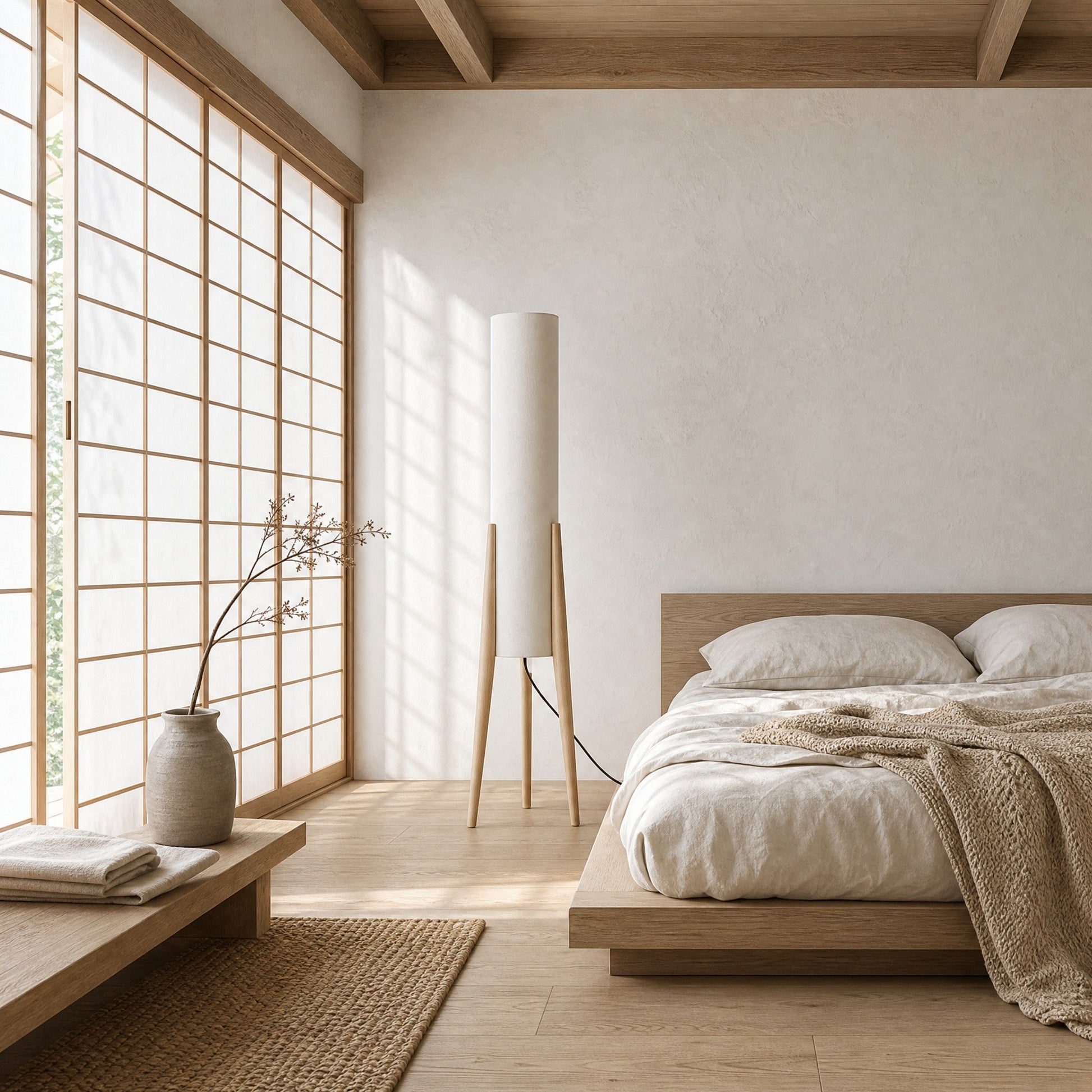 Lampadaire finition bois clair dans une chambre japandi à cloison shoji | Delvanie