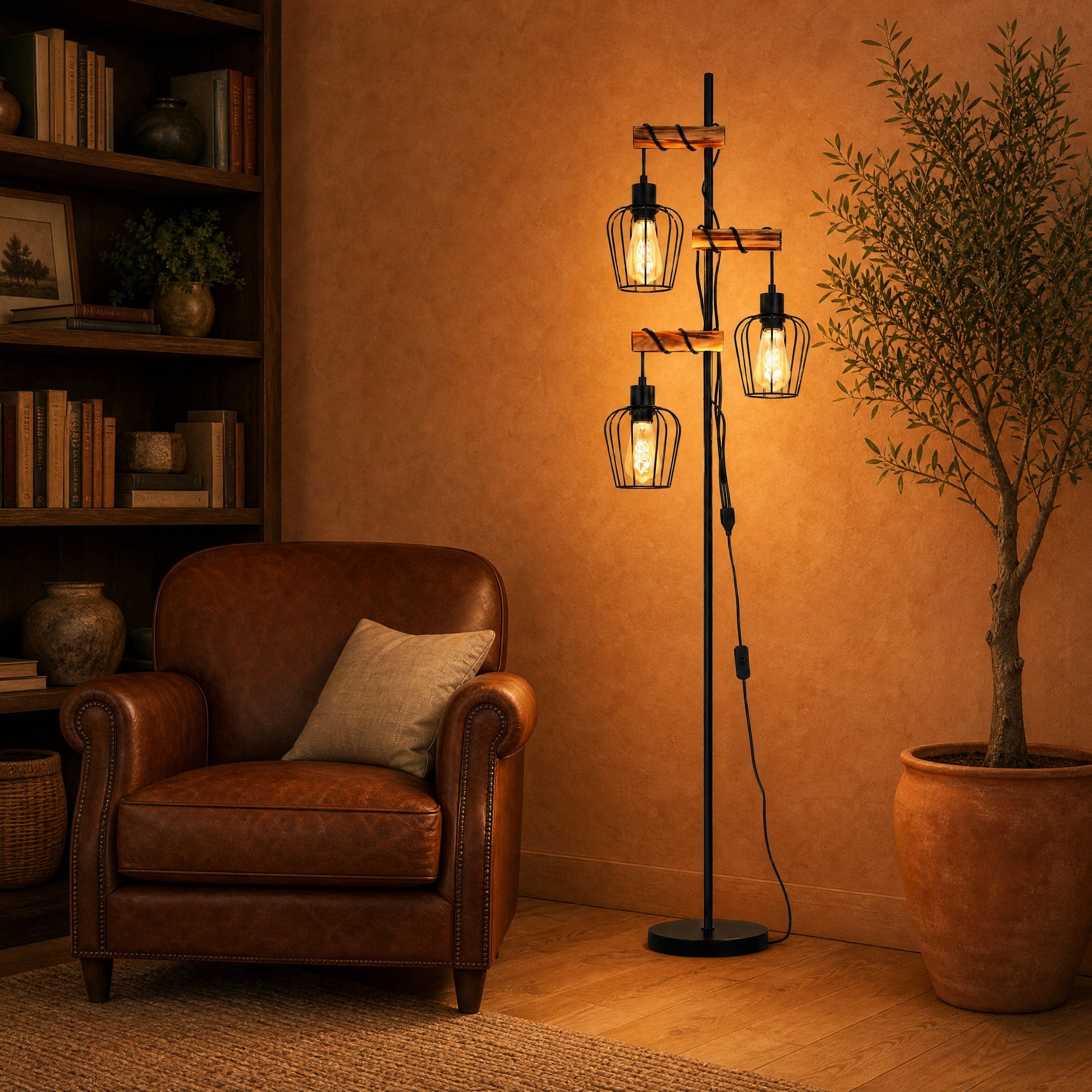 Lampadaire industriel 3 têtes allumé dans un salon au fauteuil cuir cognac | Delvanie