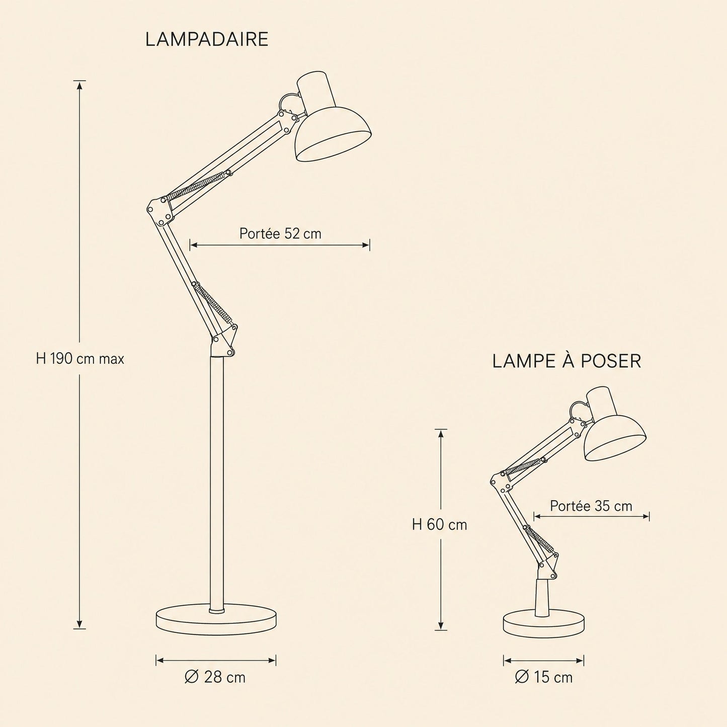 Schéma coté du lampadaire 190 cm et de la lampe à poser 60 cm | Delvanie